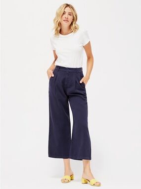 Lacausa Navy Blue Lola Trousers Tencel Cotton Cropped Pleated Pants Minimal